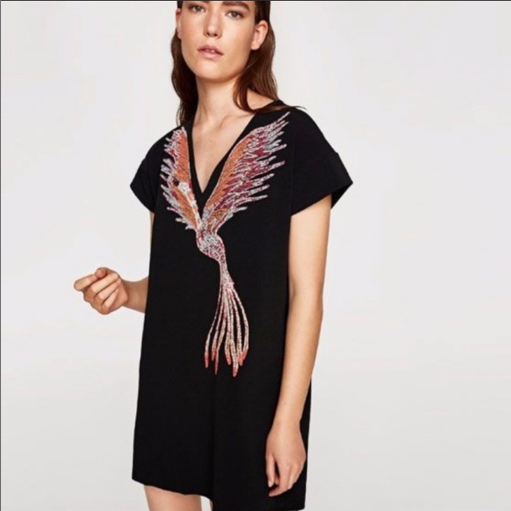 Zara Black V neck Phoenix Shift Dress